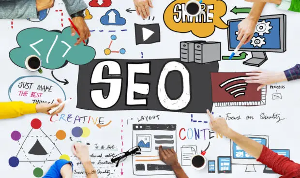 Illustrazione con la scritta SEO circondata da icone di contenuti, link e condivisione