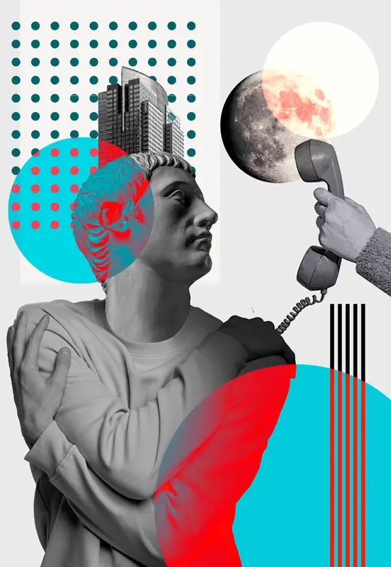Busto classico con una cornetta telefonica, collage pop con forme geometriche
