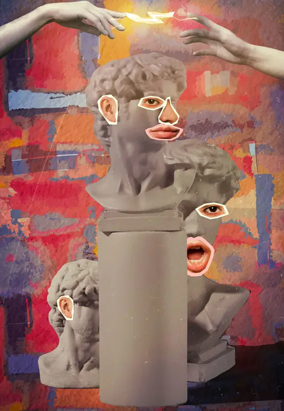 Collage pop art con busti classici e labbra disegnate