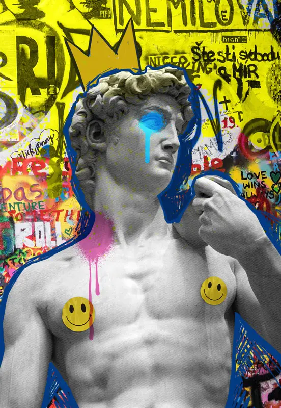 David di Michelangelo in stile pop con graffiti e smile