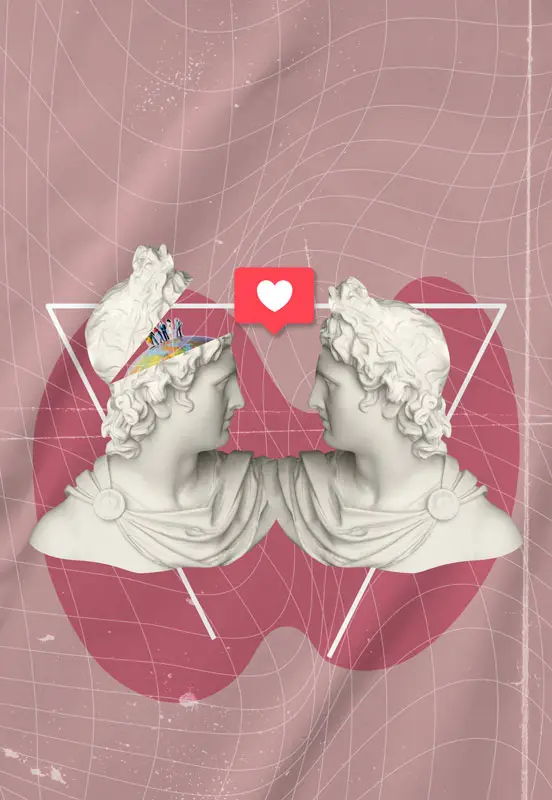 Due busti classici uno di fronte all'altro con un cuore social fra loro