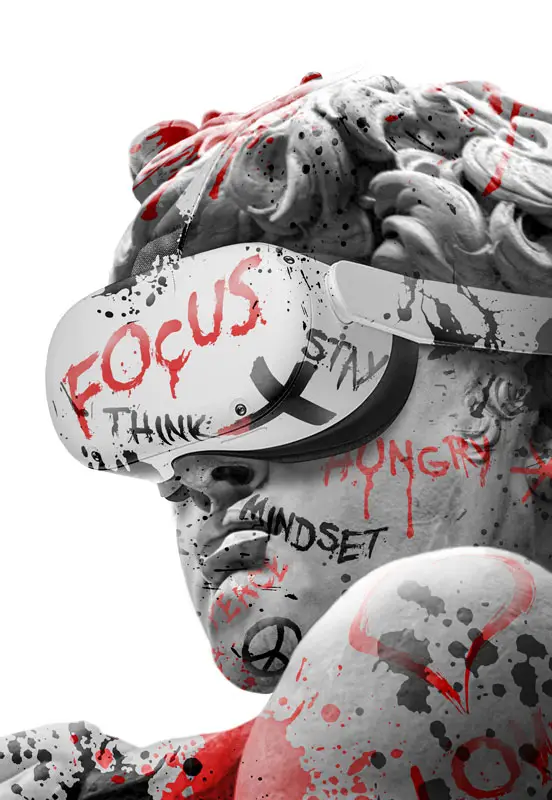 Busto classico con visore e la scritta «Focus» in stile pop
