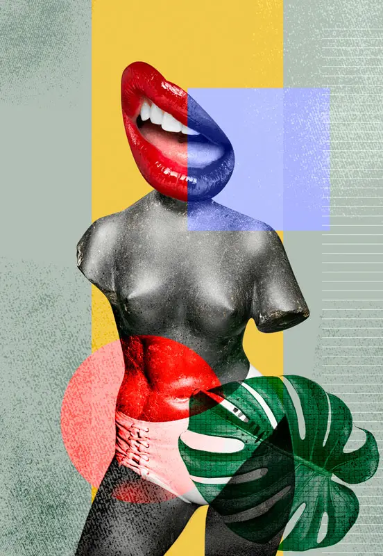 Torso classico con labbra rosse e una foglia tropicale, collage pop