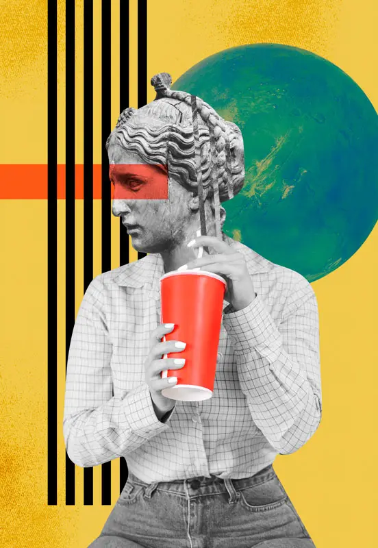 Statua classica con camicia e bicchiere rosso, collage pop