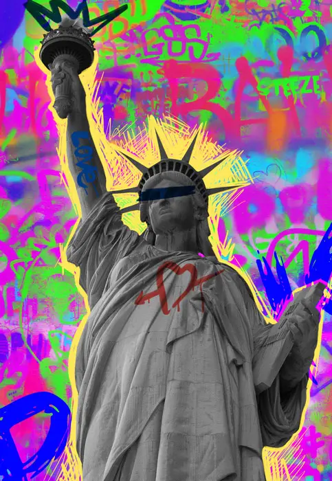 Statua della Libertà in stile pop art con graffiti colorati