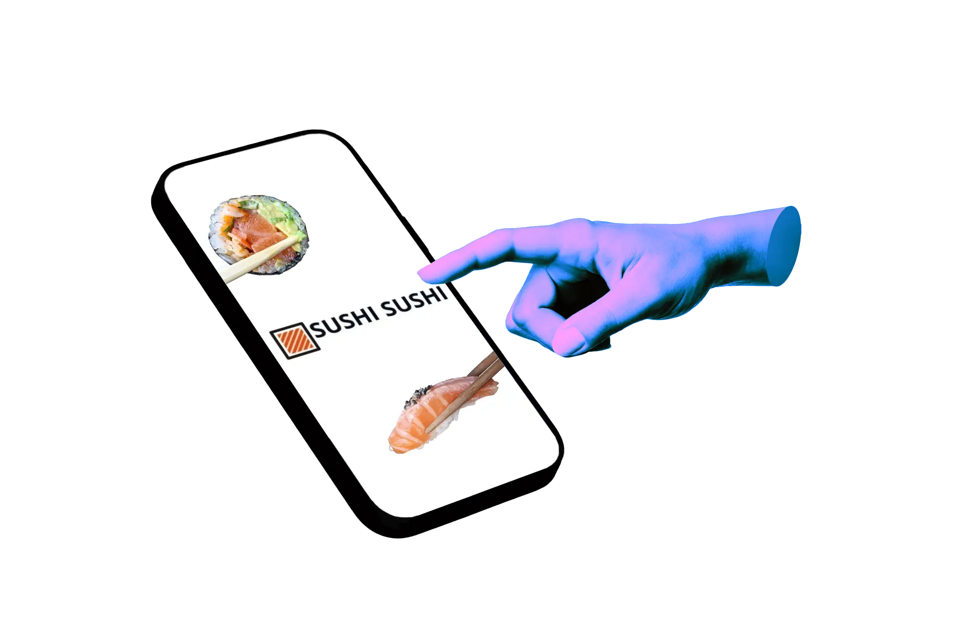 Mano che tocca lo smartphone con l'app di Sushi Sushi