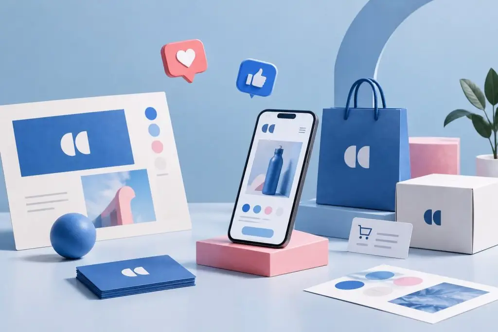 Mockup di identità visiva coordinata: biglietti, shopper, packaging e app su smartphone