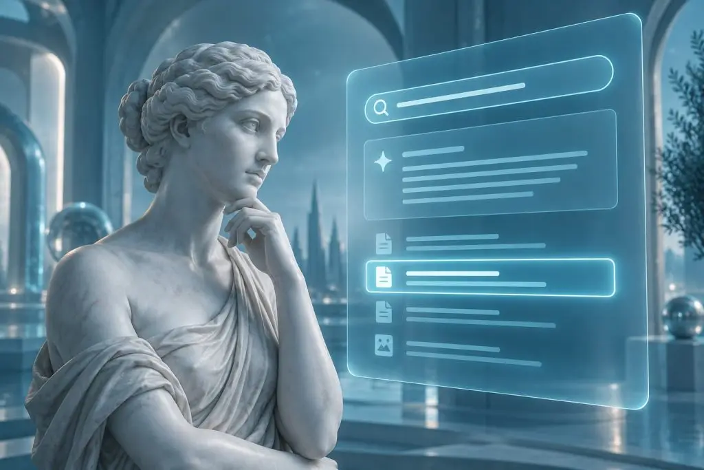Statua classica pensierosa davanti a pannelli di dati digitali