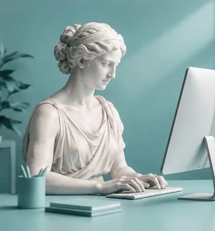 Statua classica che lavora al computer