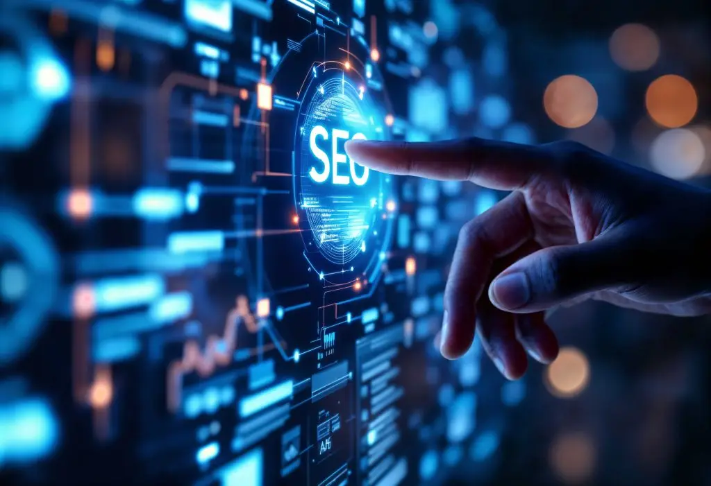 Mano che tocca la scritta SEO su un'interfaccia digitale blu