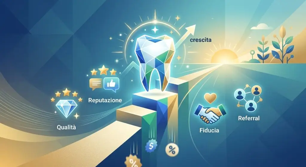 Illustrazione di un dente su una scala di crescita con icone di qualità, reputazione, fiducia e passaparola
